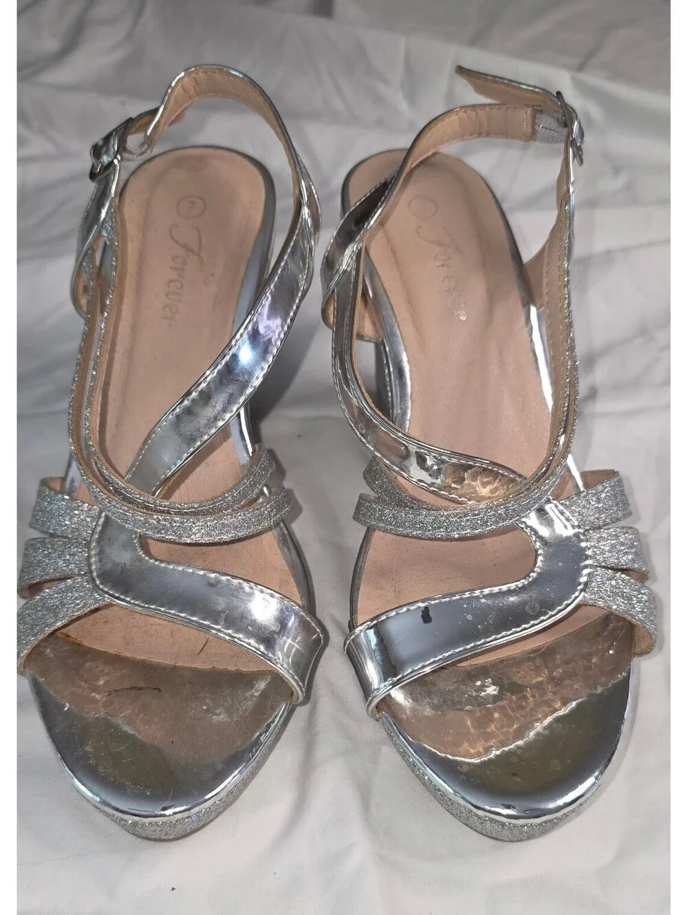 Forever Silver Glitter Wedge Sandals with Ankle Strap ~ size 7